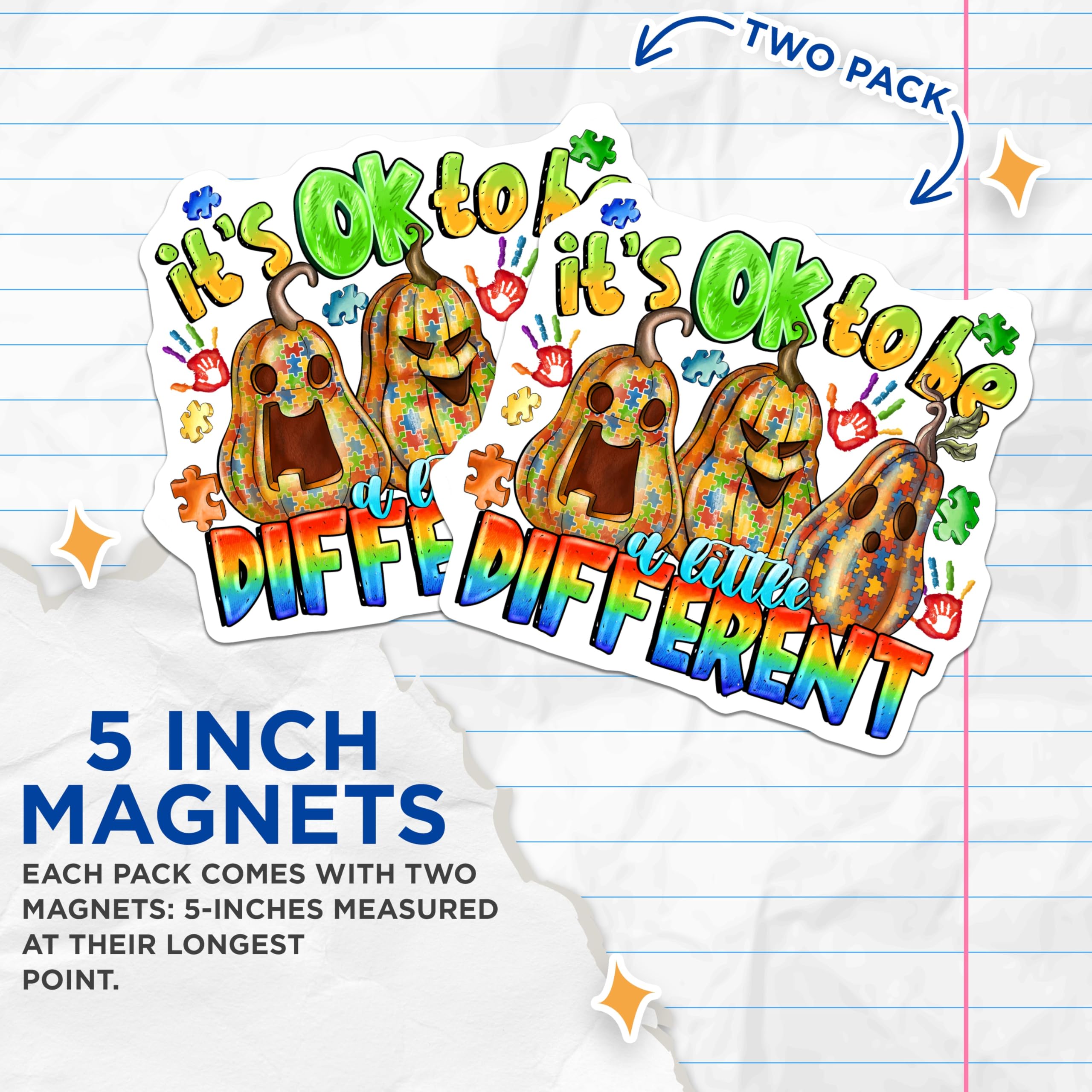 (2 Pack) Autism Acceptance Pumpkins Magnets - Neurodiversity Fall Decor - Its OK to Be Different Statement - 5 Inches On Longest Side - Thick Durable Magnet - Made in USA - MAG29111