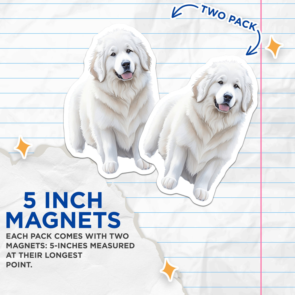 (2 Pack) Great Pyrenees Dog Magnets - Majestic Fluffy White Canine - Pet Parent Refrigerator Decor Accessory - 5 Inches On Longest Side - Thick Durable Magnet - Made in USA - MAG38899