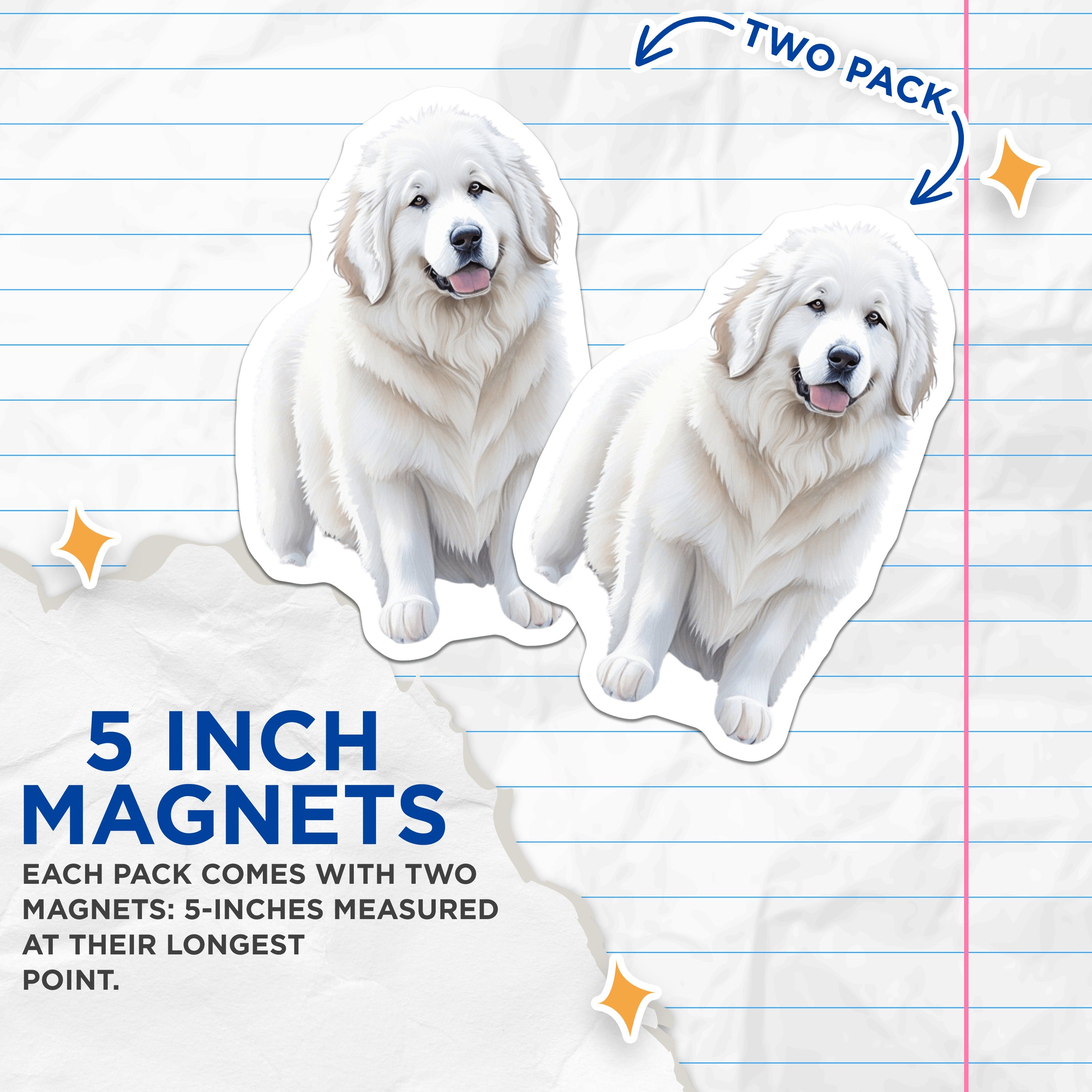 (2 Pack) Great Pyrenees Dog Magnets - Majestic Fluffy White Canine - Pet Parent Refrigerator Decor Accessory - 5 Inches On Longest Side - Thick Durable Magnet - Made in USA - MAG38899