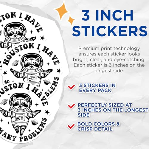 (3 Pack) Raccoon Astronaut Decals - Funny Space Decals - Houston We Have Problems - 3 Inches On Longest Side - Easy Peel & Apply - Made in USA - 3MCS2272