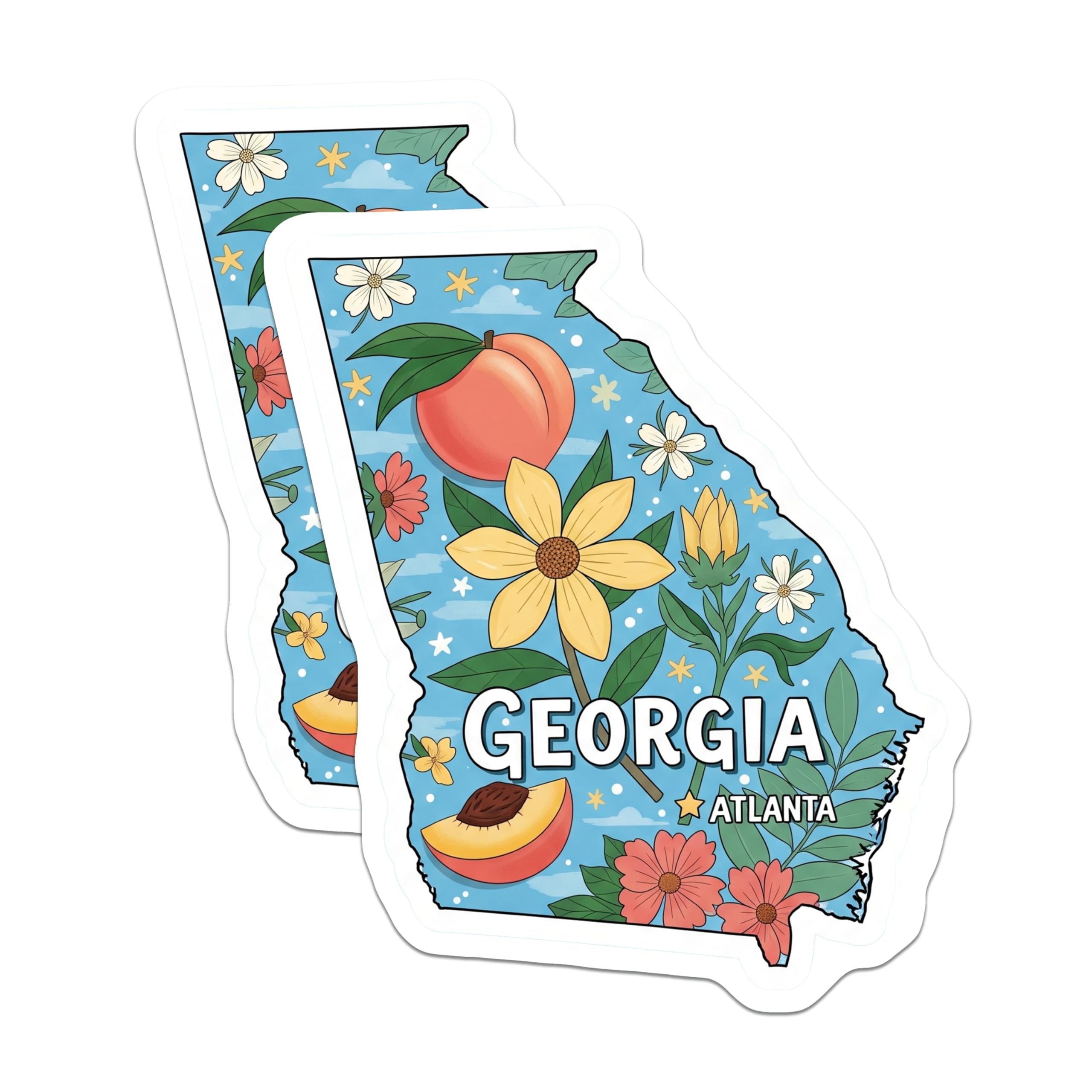 (2 Pack) Georgia State Magnets - Peach State Souvenir - Atlanta Floral Fridge Decor - 5" On Longest Side - Premium Magnet - for Cars, Refrigerators, Toolboxes, Lockers - Made in USA - MAG14333