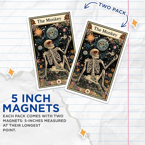 (2 Pack) Monkey Skeleton Magnets - Unique Astrology - Vintage Celestial Art - Original Tarot Style - 5" On Longest Side - for Cars, Fridges, Toolboxes - Made in USA - MAG3703