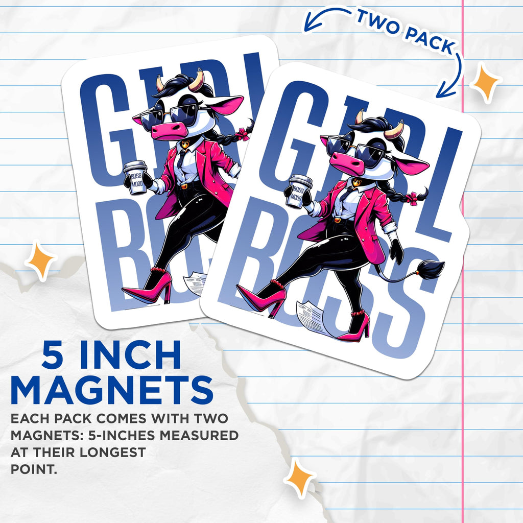 (2 Pack) Girl Boss Cow Magnets - Empowering Animal Decor - Professional Women Motivation - Sassy Office Magnet - 5 Inches On Longest Side - Thick Durable Magnet - Made in USA - MAG21128
