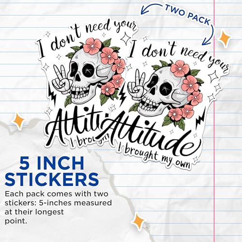(2 Pack) Skull Attitude Stickers - Funny Quote Stickers - Flower Skull Decal - 5" On Longest Side - Sticks to Any Smooth Flat Surface - Made in USA - BMCS2556