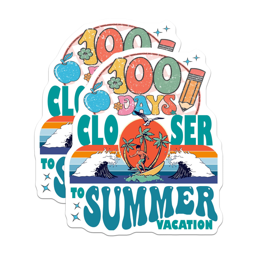 (2 Pack) 100 Days Summer Vacation Magnets - Retro School Teacher - Beach Surfing Student - 5 Inches On Longest Side - Thick Durable Magnet - Made in USA - MAG19274