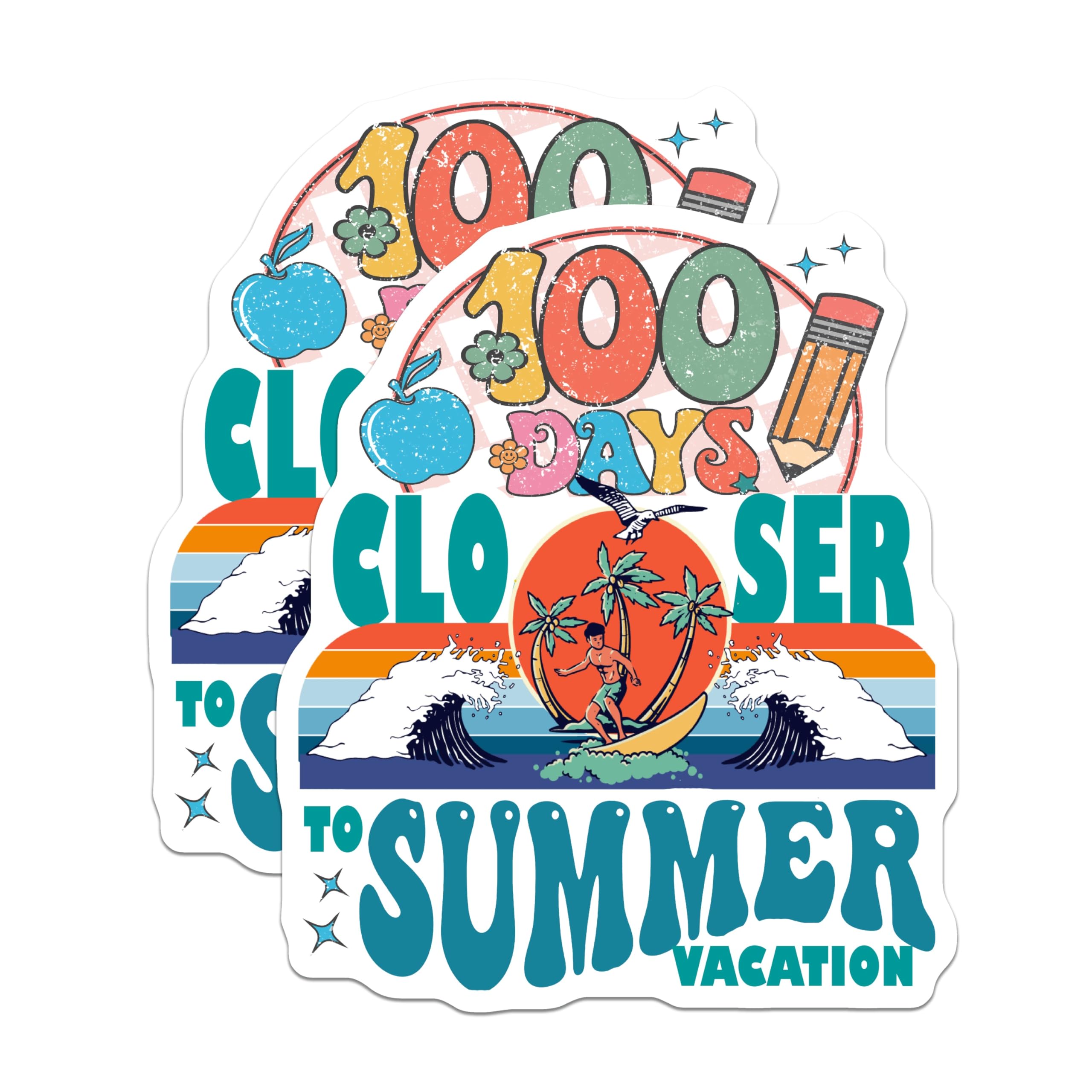 (2 Pack) 100 Days Summer Vacation Magnets - Retro School Teacher - Beach Surfing Student - 5 Inches On Longest Side - Thick Durable Magnet - Made in USA - MAG19274