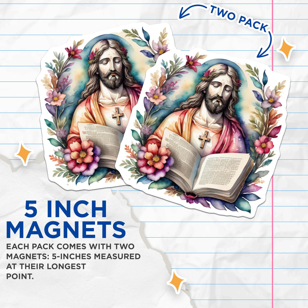 (2 Pack) Jesus Christ Magnets - Watercolor Religious Art - Bible Scripture Devotional Home Decor - Faith Inspiration - 5 Inches On Longest Side - Thick Durable Magnet - Made in USA - MAG19889