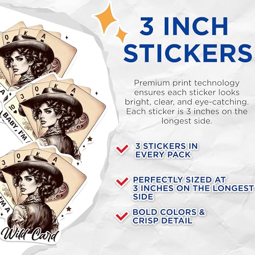 (3 Pack) Wild Card Decals - Cowgirl Decals - Poker Cards - Laptop Decal - 3 Inches On Longest Side - Easy Peel & Apply - Made in USA - 3MCS0859