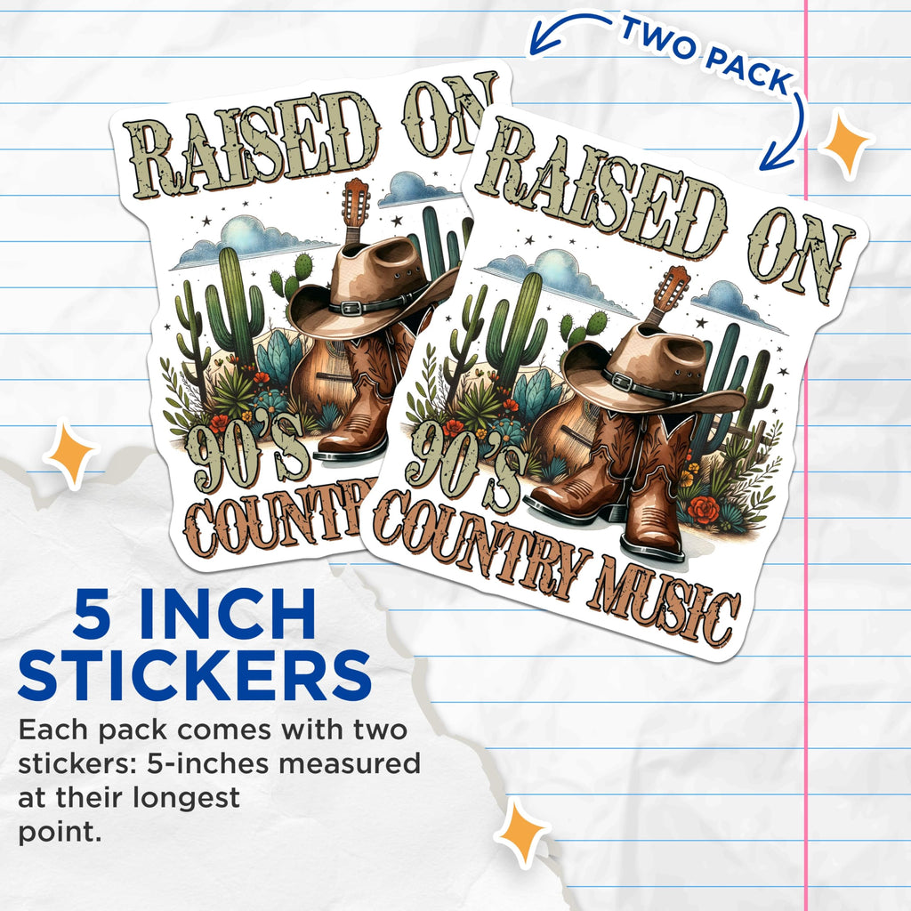 (2 Pack) Raised On 90's Country Music Stickers - Country Music Lover Stickers - Retro Country Stickers - 5" On Longest Side - Sticks to Any Smooth Flat Surface - Made in USA - BMCS3159