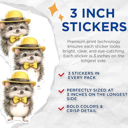 (3 Pack) Hedgehog Decals - Cute Animal Stickers - Laptop Decals - 3 Inches On Longest Side - Easy Peel & Apply - Made in USA - 3MCS8283