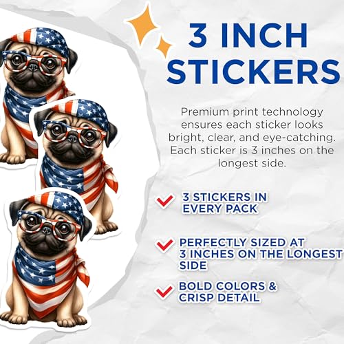 (3 Pack) Patriotic Pug Decals - American Flag Dog - Cute Pet Decor- 3 Inches On Longest Side - Easy Peel & Apply - Made in USA - 3MCS5740