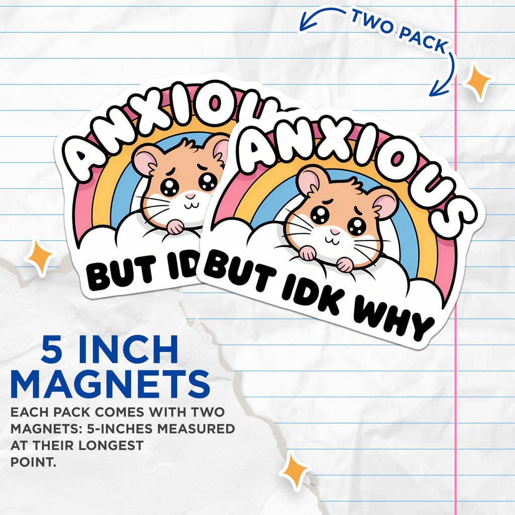 (2 Pack) Anxious Hamster Magnets - Funny Anxiety Awareness Decor - Cute Rainbow Cloud Art - Mental Health Humor Item - 5 Inches On Longest Side - Thick Durable Magnet - Made in USA - MAG20370