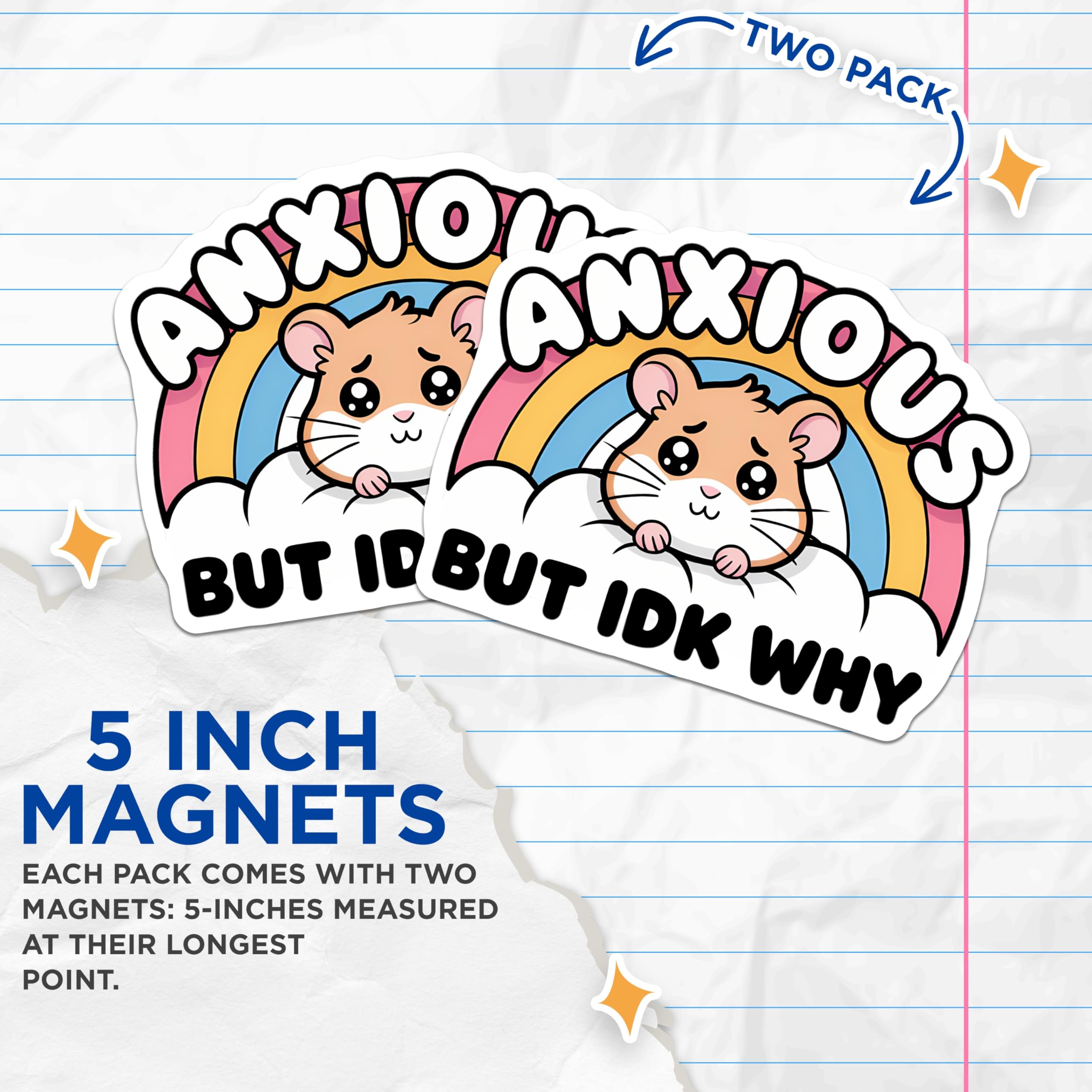 (2 Pack) Anxious Hamster Magnets - Funny Anxiety Awareness Decor - Cute Rainbow Cloud Art - Mental Health Humor Item - 5 Inches On Longest Side - Thick Durable Magnet - Made in USA - MAG20370