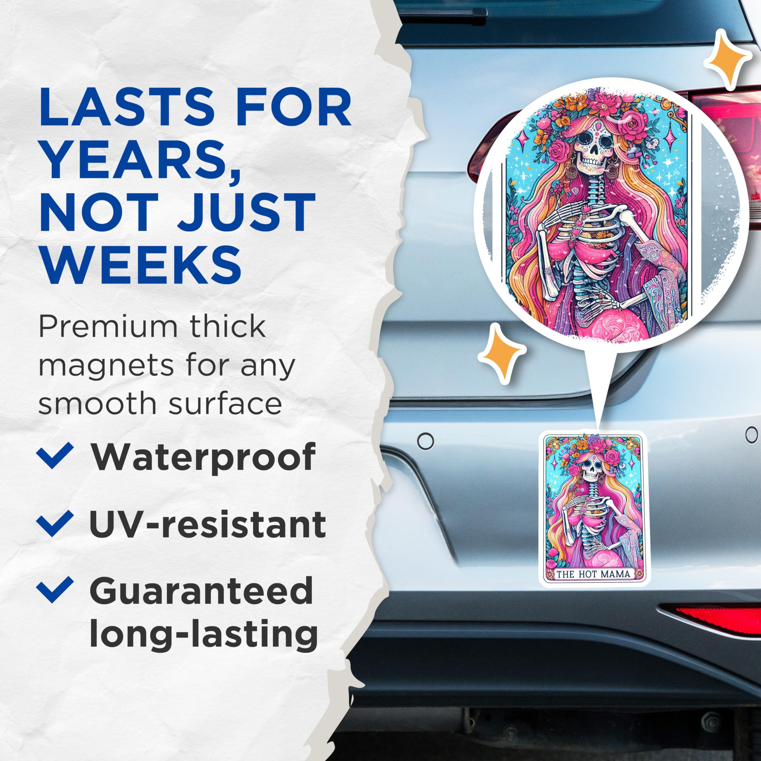 (2 Pack) Hot Mama Sugar Skull Magnets - Day of the Dead Decor - Vibrant Floral Skeleton Art - Empowered Woman Kitchen Magnets - 5 Inches On Longest Side - Thick Durable Magnet - Made in USA - MAG25781