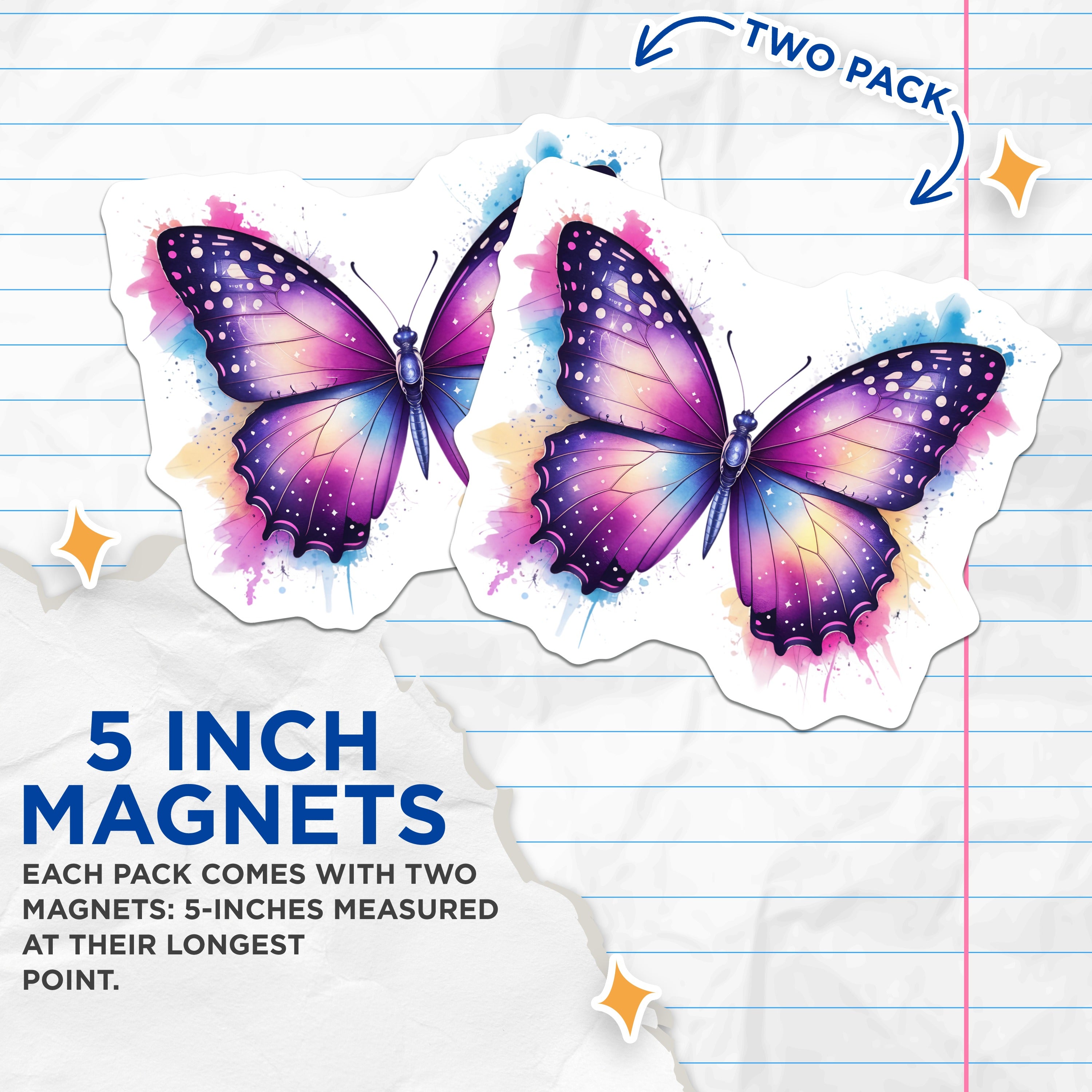 (2 Pack) Celestial Butterfly Magnets - Galaxy Watercolor Art - Aesthetic Fridge Locker Decor - Nature Lover Accents - 5 Inches On Longest Side - Thick Durable Magnet - Made in USA - MAG36358
