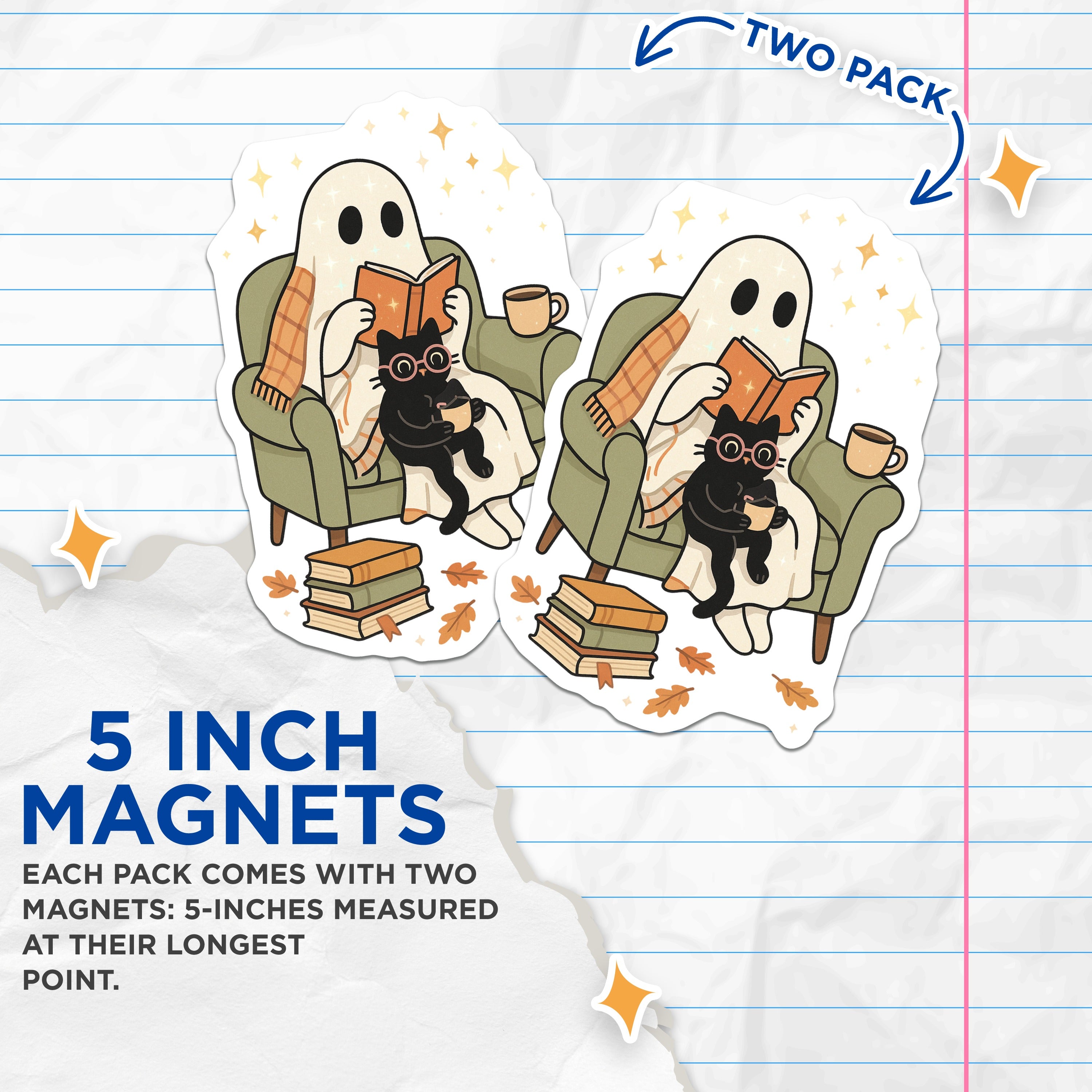 (2 Pack) Cozy Ghost Reading Magnets - Bookish Cat Autumn Decor - Halloween Fridge Locker - 5 Inches On Longest Side - Thick Durable Magnet - Made in USA - MAG37305