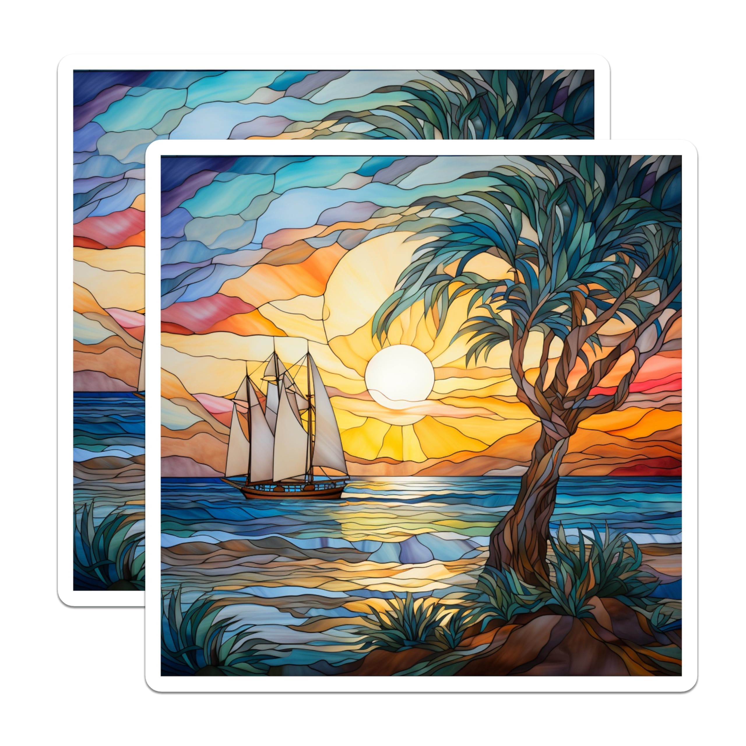 (2 Pack) Stained Glass Ocean Magnets - Tropical Sunset Decor - Sailboat Kitchen Art - 5 Inches On Longest Side - Thick Durable Magnet - Made in USA - MAG25678
