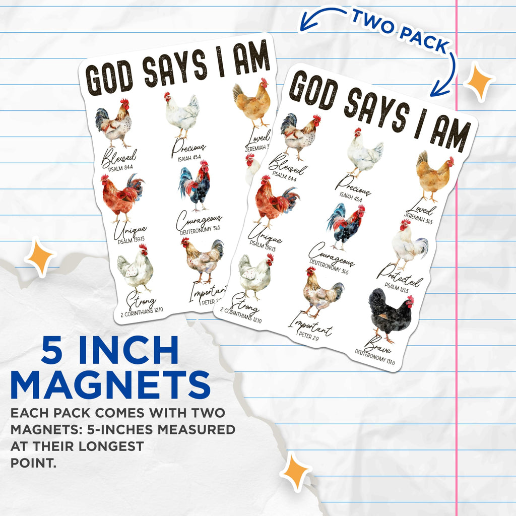 (2 Pack) God Says I Am Magnets - Christian Kitchen Decor - Farmhouse Bible Verse Refrigerator Affirmation Set - 5 Inches On Longest Side - Thick Durable Magnet - Made in USA - MAG25373