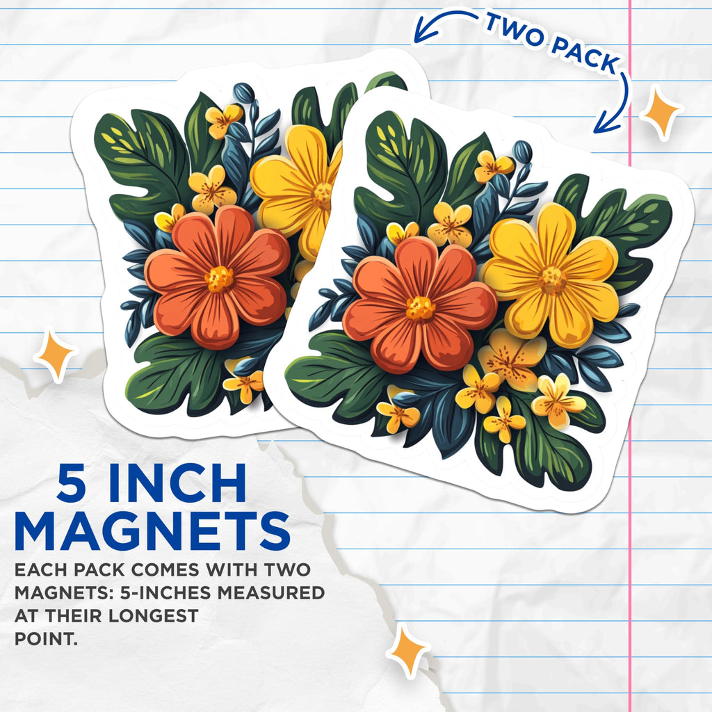 (2 Pack) Tropical Flower Magnets - Botanical Kitchen Decor - Vibrant Summer Fridge Locker Accents - 5 Inches On Longest Side - Thick Durable Magnet - Made in USA - MAG28279