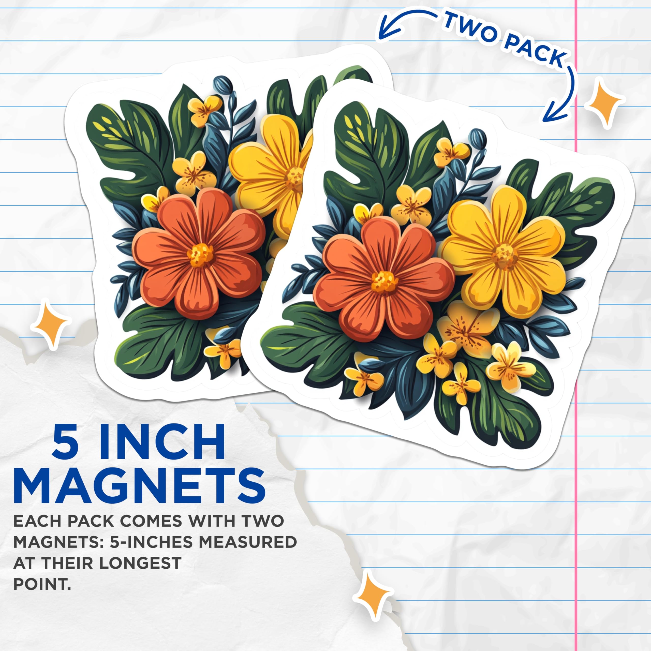 (2 Pack) Tropical Flower Magnets - Botanical Kitchen Decor - Vibrant Summer Fridge Locker Accents - 5 Inches On Longest Side - Thick Durable Magnet - Made in USA - MAG28279