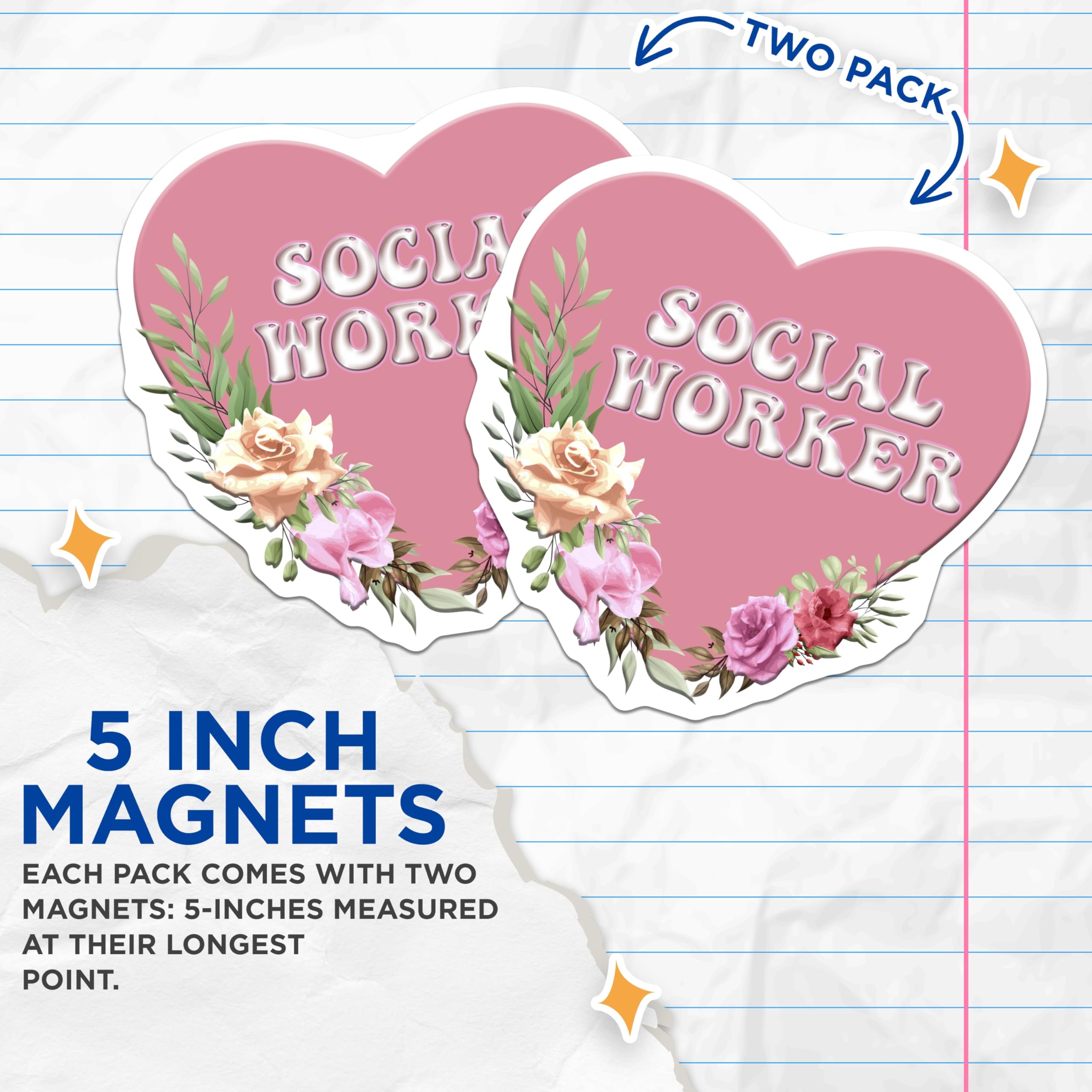 (2 Pack) Social Worker Magnets - Floral Heart Decor - Appreciation Magnet - 5" On Longest Side - Premium Magnet - for Cars, Refrigerators, Toolboxes, Lockers - Made in USA - MAG14541