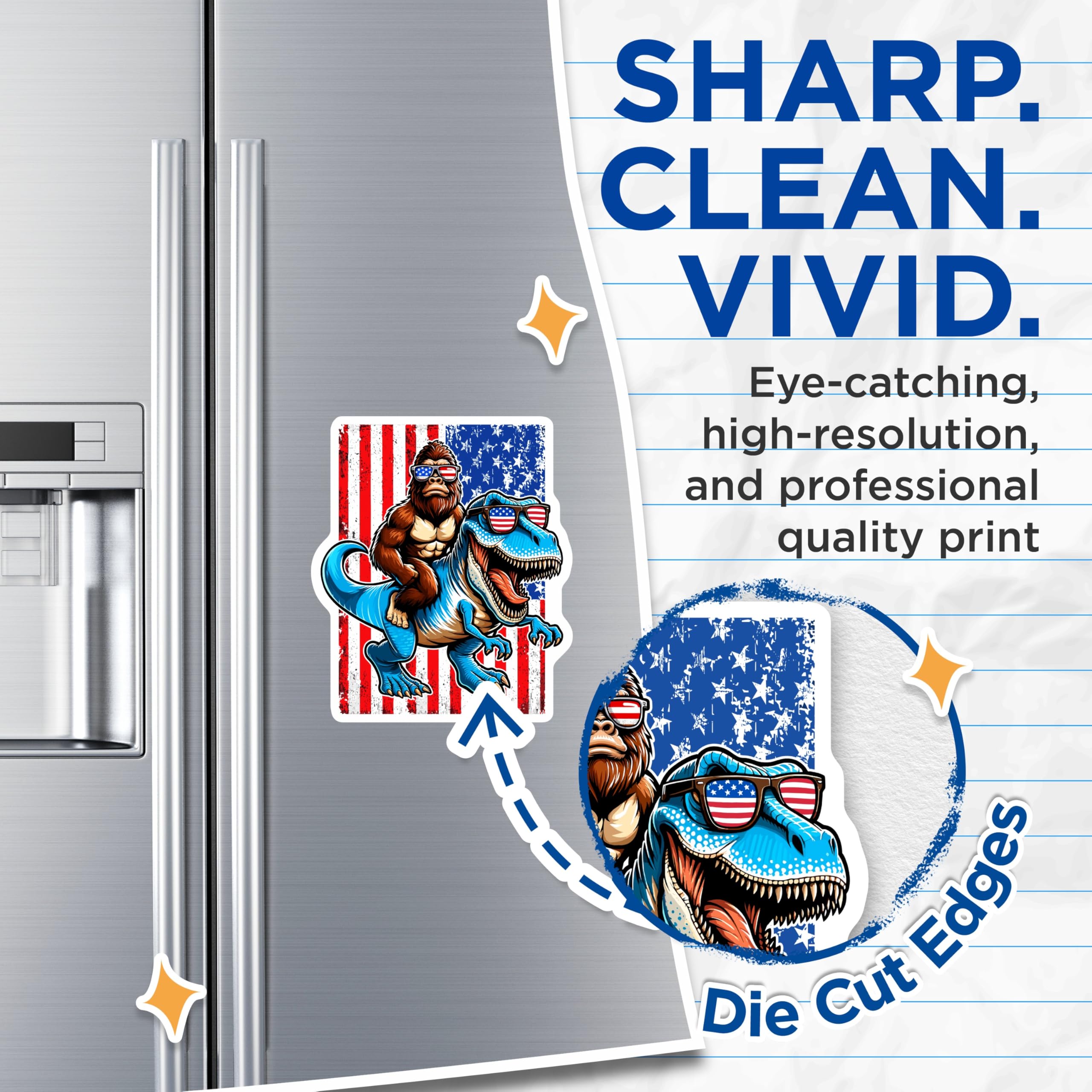 (2 Pack) Bigfoot T-Rex Magnets - American Flag Sunglasses - Patriotic Dinosaur Decor - 5 Inches On Longest Side - Thick Durable Magnet - Made in USA - MAG21731