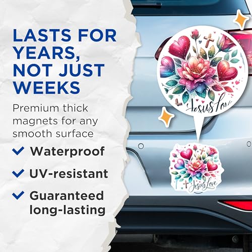 (2 Pack) Jesus Love Magnets - Floral Faith Design - Inspirational Christian Decor - 5" On Longest Side - for Cars, Fridges, Toolboxes - Made in USA - MAG7196