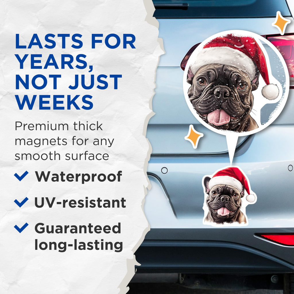 (2 Pack) French Bulldog Christmas Magnets - Holiday Dog Decor - Pet Lover Refrigerator Art - 5 Inches On Longest Side - Thick Durable Magnet - Made in USA - MAG27371