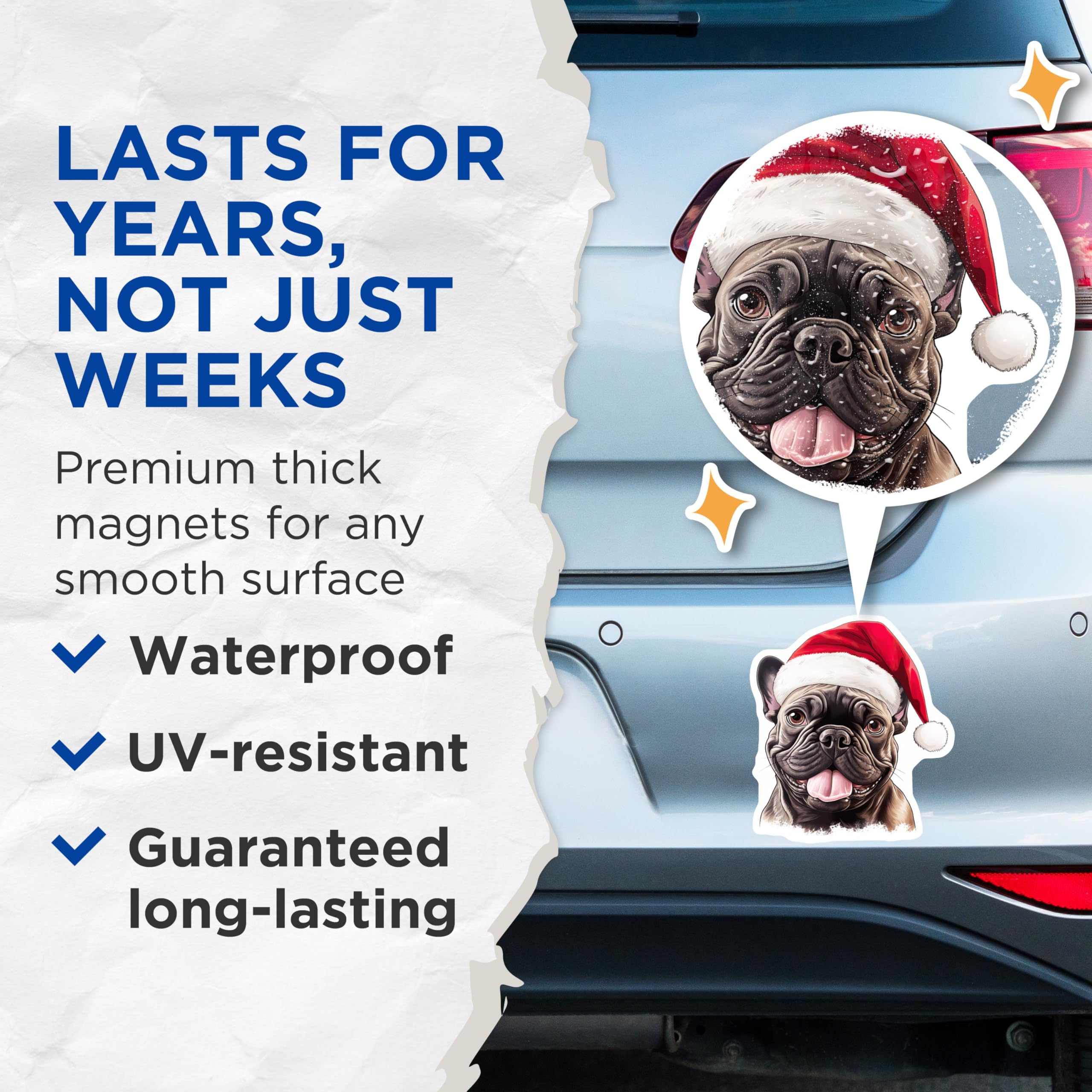 (2 Pack) French Bulldog Christmas Magnets - Holiday Dog Decor - Pet Lover Refrigerator Art - 5 Inches On Longest Side - Thick Durable Magnet - Made in USA - MAG27371