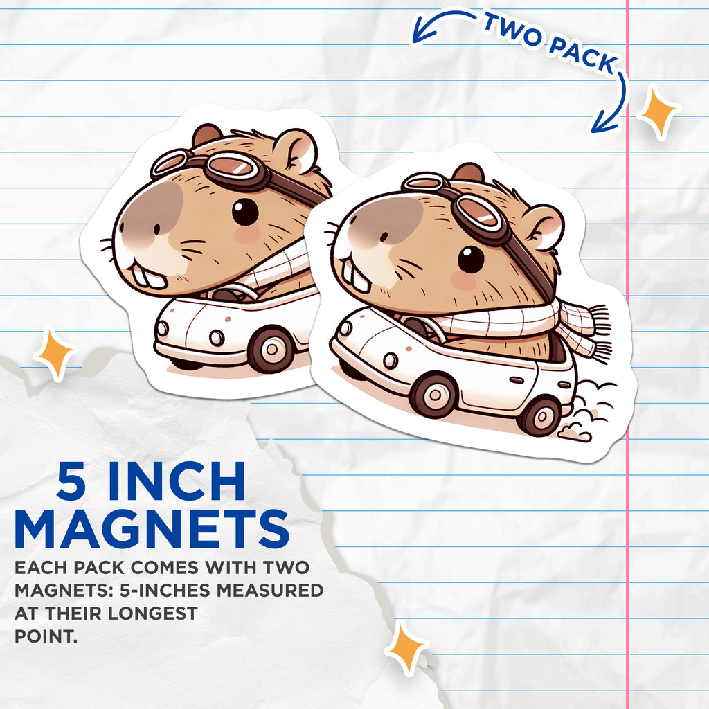 (2 Pack) Capybara Adventure Magnets - Whimsical Animal in Car - Cute Capybara Lover Fridge Decor Quirky Magnet - 5 Inches On Longest Side - Thick Durable Magnet - Made in USA - MAG37943