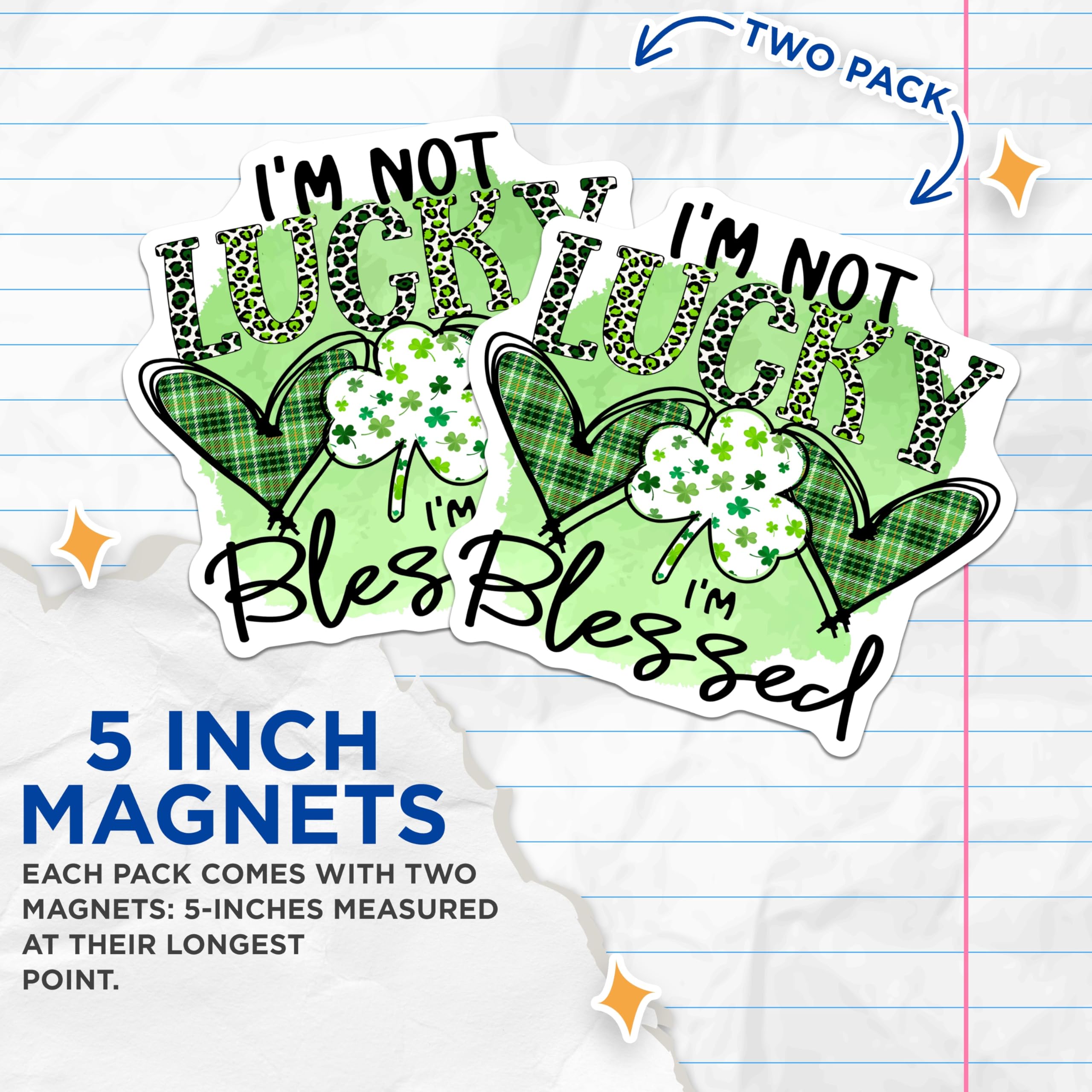 (2 Pack) Blessed Not Lucky Magnets - St Patricks Day Irish Decor - Green Leopard Print Shamrock Plaid Hearts - 5 Inches On Longest Side - Thick Durable Magnet - Made in USA - MAG20798