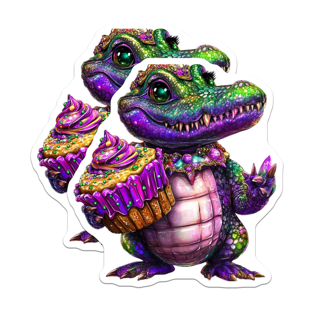 (2 Pack) Alligator Cupcake Stickers - Cute Animal Stickers - Colorful Reptile Decals - 5" On Longest Side - Sticks to Smooth Flat Surfaces - Made in USA - BMCS14119