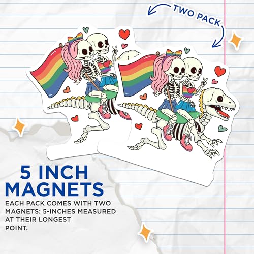 (2 Pack) Love is Love Magnets - Skeleton Couple Riding Dinosaur - LGBTQ Pride Decor - Cute and Fun Skeleton Magnets - 5" On Longest Side - for Cars, Fridges, Toolboxes - Made in USA - MAG7135