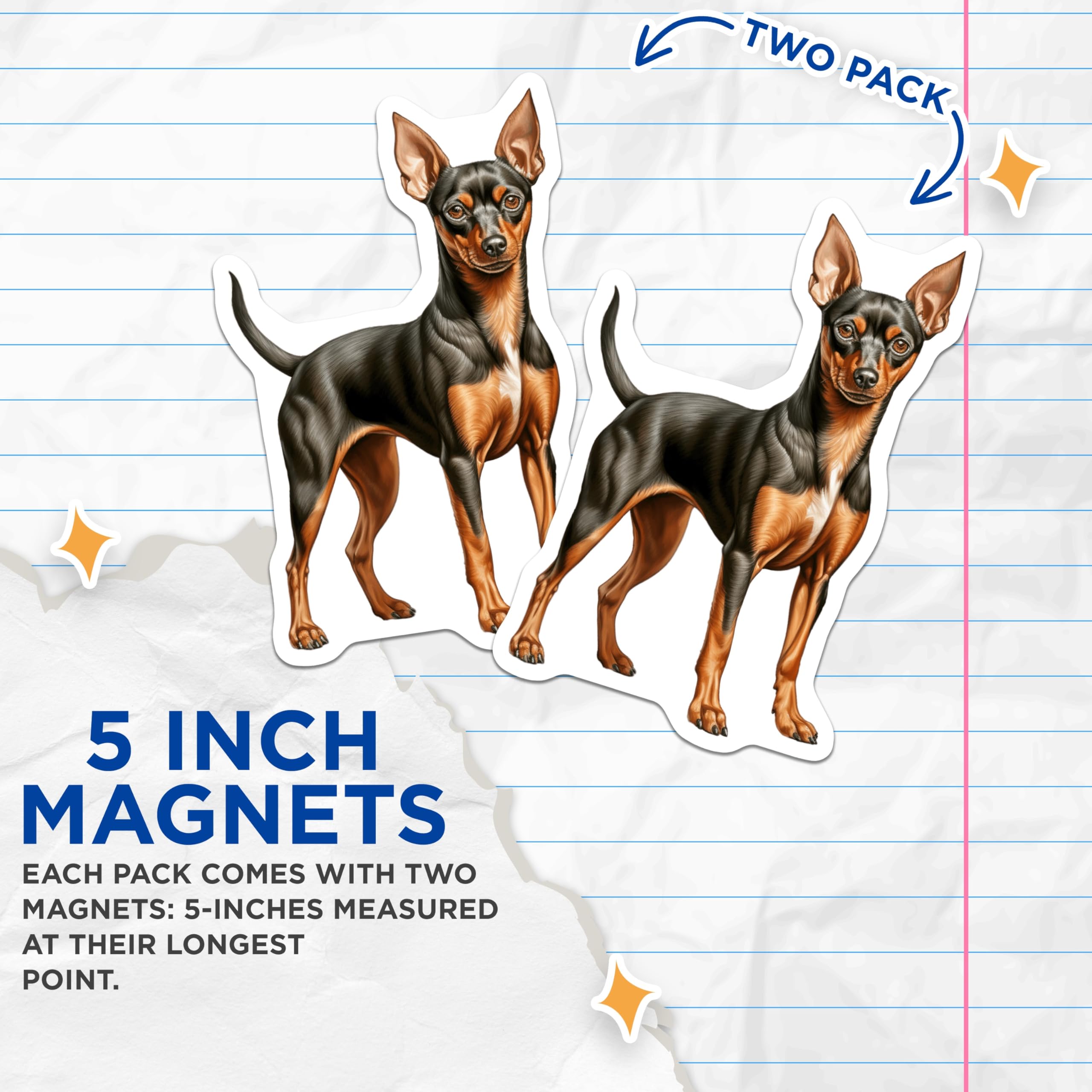 (2 Pack) Miniature Pinscher Magnets - Min Pin Dog Art - Black Tan Puppy - Dog Mom Owner Decor - Refrigerator Locker Accent - 5 Inches On Longest Side - Thick Durable Magnet - Made in USA - MAG23464