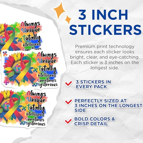 (3 Pack) Autism Awareness Decals - Sunflower Puzzle Ribbon Decal - Unique Intelligent Decal - 3 Inches On Longest Side - Easy Peel & Apply - Made in USA - 3MCS8454