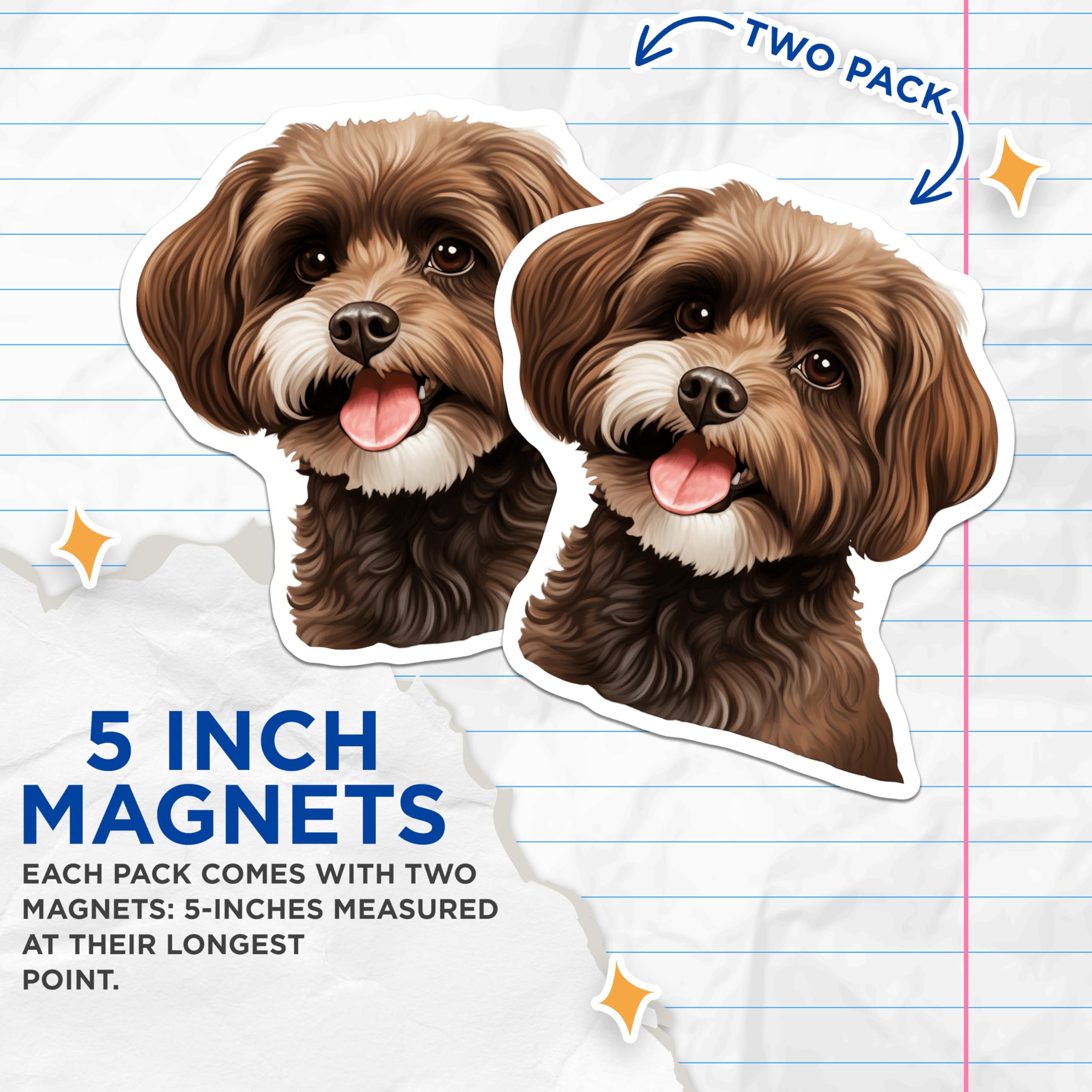 (2 Pack) Happy Puppy Magnets - Fluffy Brown Dog Art - Pet Parent Refrigerator Decor - 5 Inches On Longest Side - Thick Durable Magnet - Made in USA - MAG26174