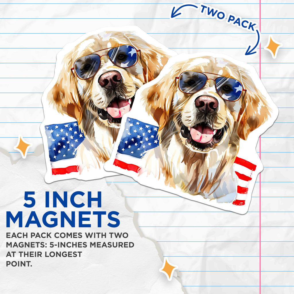 (2 Pack) Golden Retriever American Flag Magnets - Patriotic Dog Decor - USA Pet Lover Art - 4th of July Fridge Accent - 5 Inches On Longest Side - Thick Durable Magnet - Made in USA - MAG37529