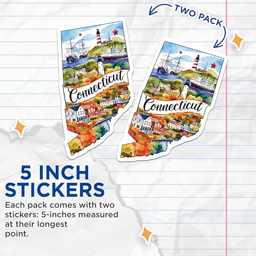 (2 Pack) Connecticut Travel Stickers - Scenic State Stickers - Map Stickers - 5" On Longest Side - Sticks to Smooth Flat Surfaces - Made in USA - BMCS6283