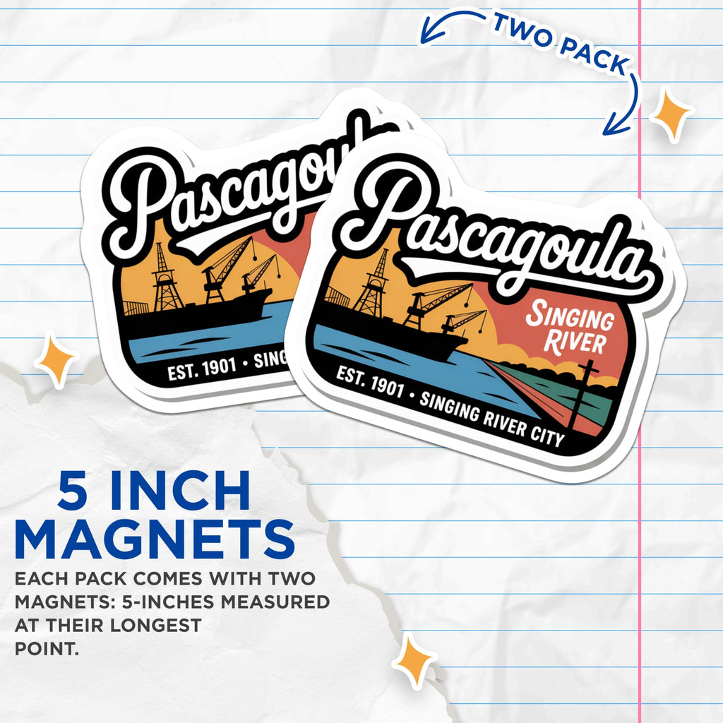 (2 Pack) Pascagoula Mississippi Magnets - Singing River - Singing River City Souvenir - 5" On Longest Side - Premium Magnet - for Cars, Refrigerators, Toolboxes, Lockers - Made in USA - MAG17473