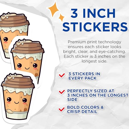 (3 Pack) Cute Coffee Decals - Kawaii Drink Stickers - Laptop Stickers - 3 Inches On Longest Side - Easy Peel & Apply - Made in USA - 3MCS1044