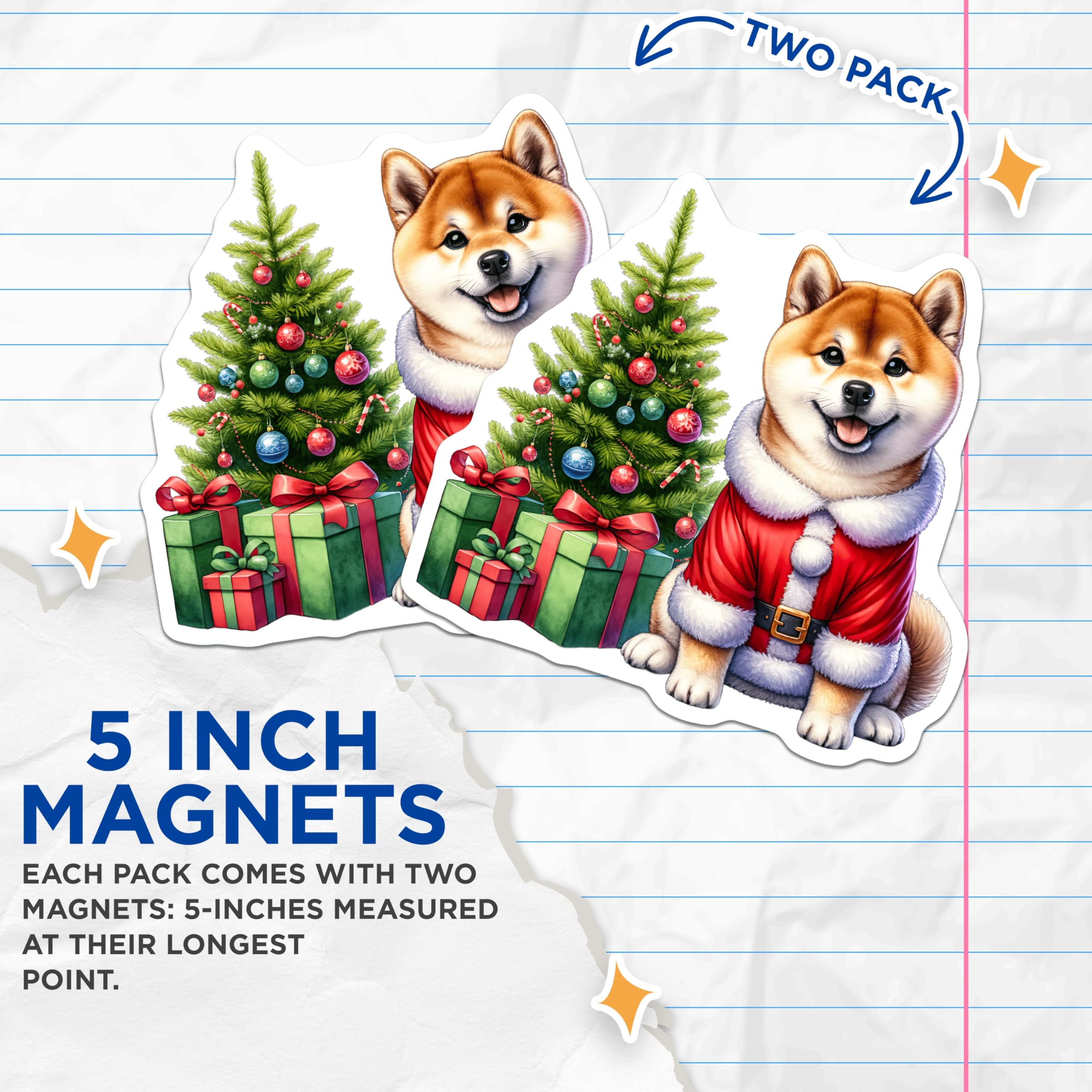 (2 Pack) Shiba Inu Santa Magnets - Christmas Dog Decor - Holiday Animal Art - 5 Inches On Longest Side - Thick Durable Magnet - Made in USA - MAG27355