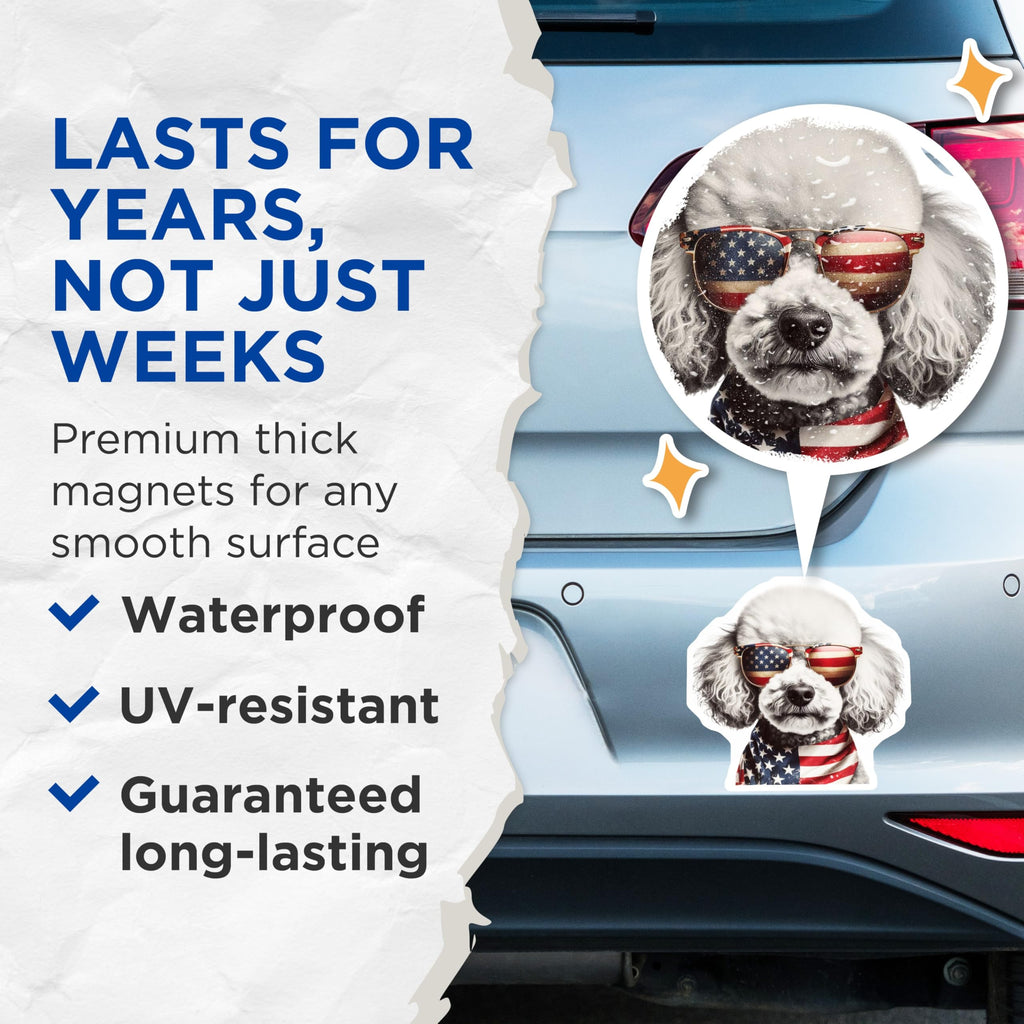 (2 Pack) Patriotic Poodle Magnets - American Flag Dog - Cool Canine Fridge Decor - 5" On Longest Side - Premium Magnet - for Cars, Refrigerators, Toolboxes, Lockers - Made in USA - MAG14969