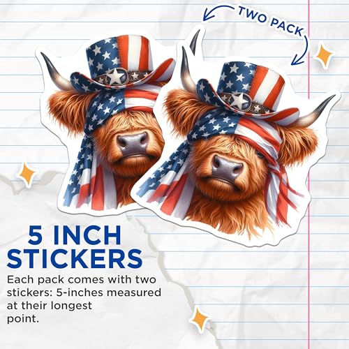 (2 Pack) Patriotic Cow Stickers - American Flag Highland Cow - Independence Day Animal Sticker - 5" On Longest Side - Sticks to Smooth Flat Surfaces - Made in USA - BMCS6348