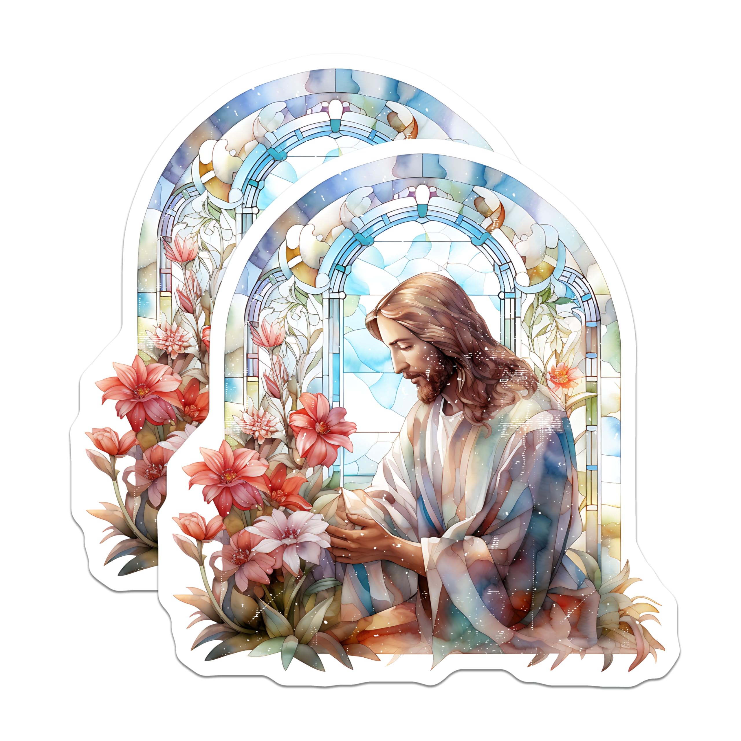 (2 Pack) Jesus Magnets - Stained Glass Watercolor Art - Christian Faith Decor - 5 Inches On Longest Side - Thick Durable Magnet - Made in USA - MAG30908