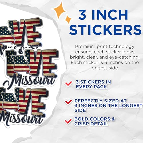 (3 Pack) Missouri Decals - USA Flag - Patriotic Laptop Decal - 3 Inches On Longest Side - Easy Peel & Apply - Made in USA - 3MCS0316