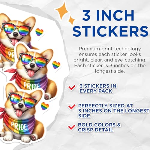 (3 Pack) Pride Corgi Decals - Rainbow Dog Stickers - Laptop Car Decals- 3 Inches On Longest Side - Easy Peel & Apply - Made in USA - 3MCS5973