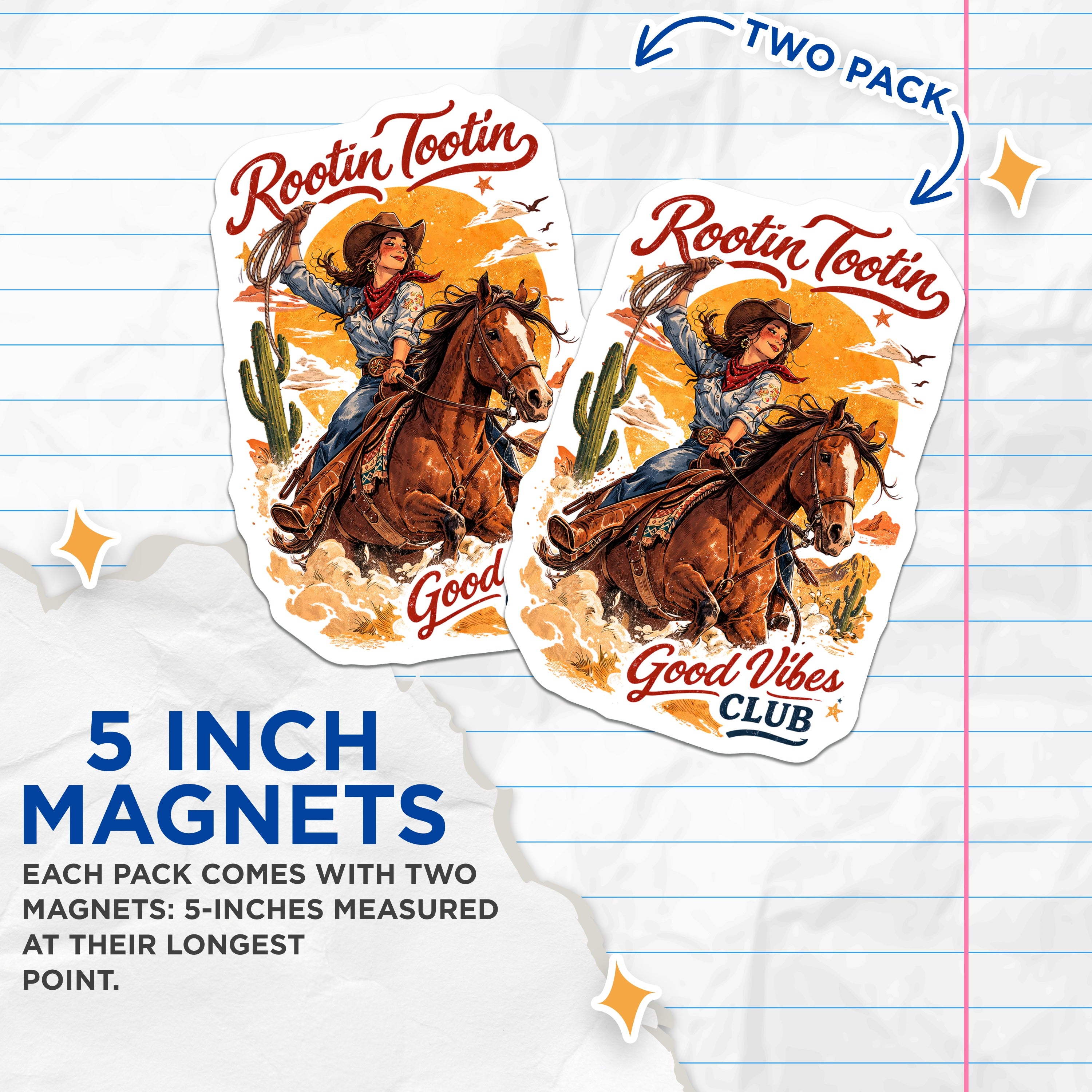 (2 Pack) Cowgirl Riding Horse Magnets - Western Desert Decor - Rootin Tootin Good Vibes - 5 Inches On Longest Side - Thick Durable Magnet - Made in USA - MAG37072