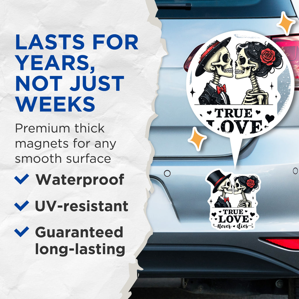 (2 Pack) Skeleton Couple Magnets - True Love Never Dies - Gothic Romance Decor - Forever Love Anniversary Valentine - 5 Inches On Longest Side - Thick Durable Magnet - Made in USA - MAG39175