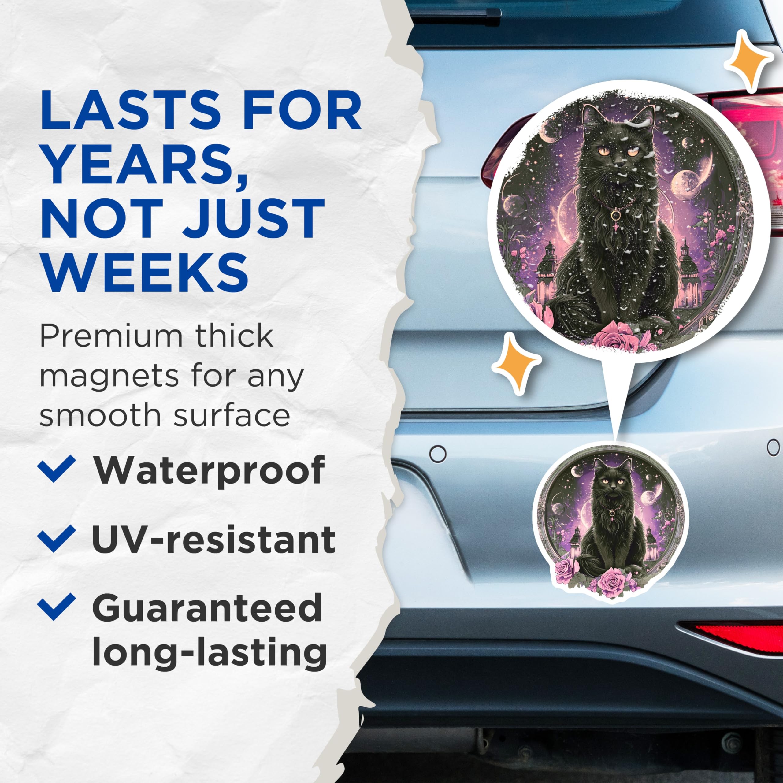 (2 Pack) Black Cat Magnets - Celestial Feline - Cosmic Kitty Decor - 5" On Longest Side - Premium Magnet - for Cars, Refrigerators, Toolboxes, Lockers - Made in USA - MAG16882
