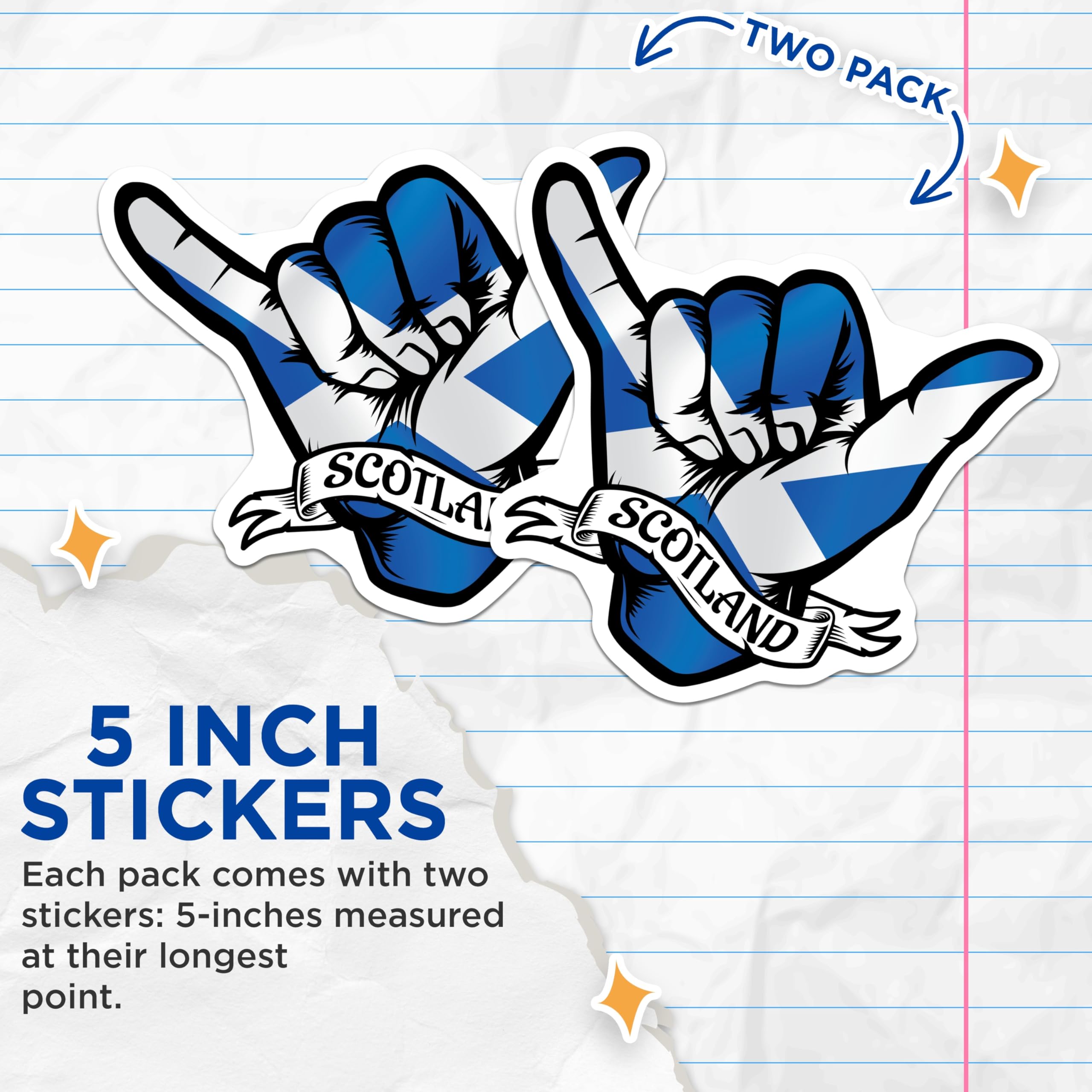 (2 Pack) Scotland Flag Stickers - Shaka Sign Decals - Scottish Pride Souvenir - 5" On Longest Side - Sticks to Smooth Flat Surfaces - Made in USA - BMCS17767